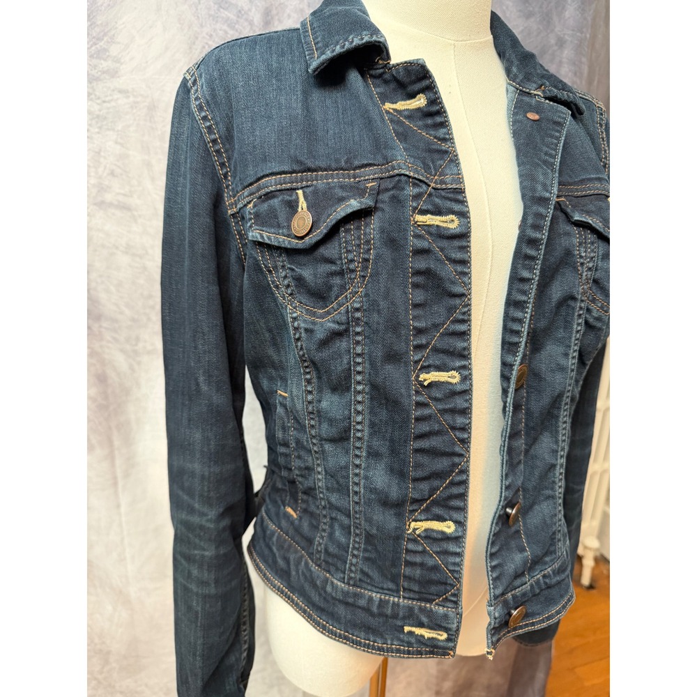 American Eagle Outfitters Womens Indigo Blue Denim Trucker Jacket Size Medium - Picture 2 of 9